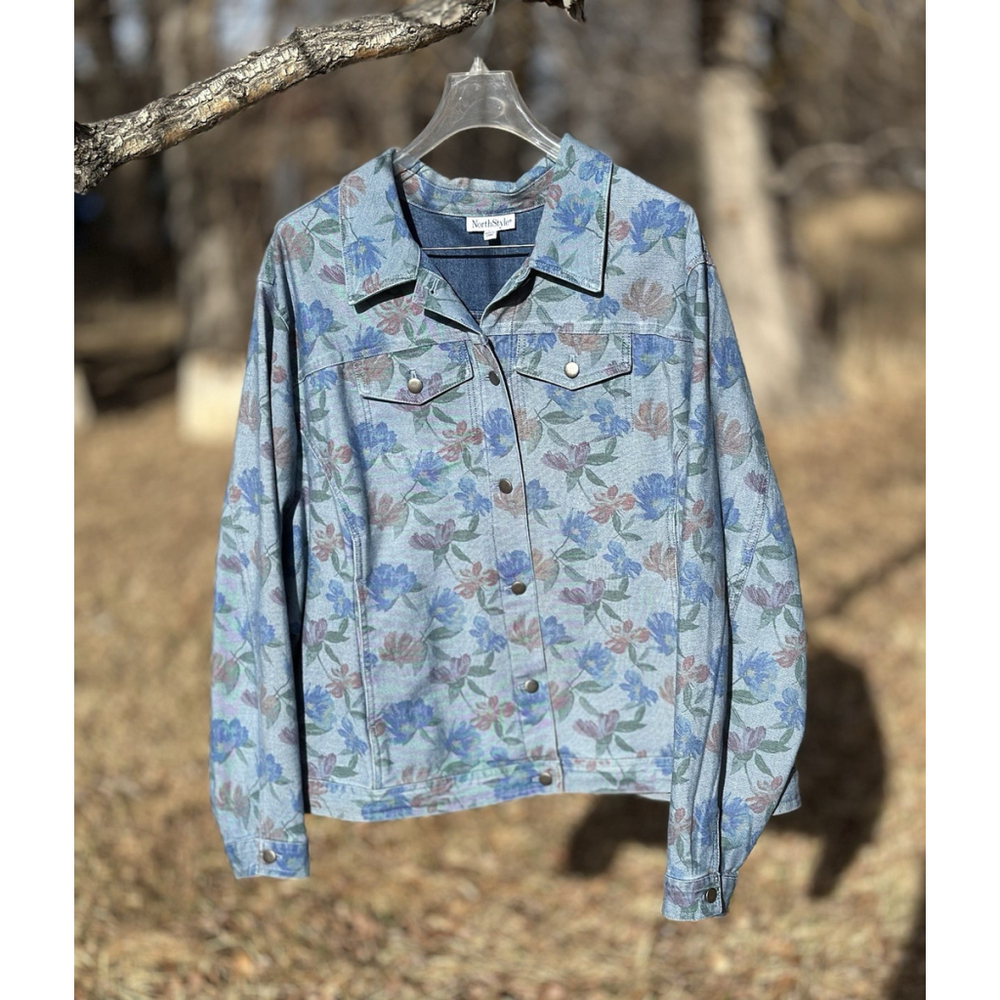 North Style Denim Jean Jacket Cottage Core Womens 3X Blue Floral Snap Button